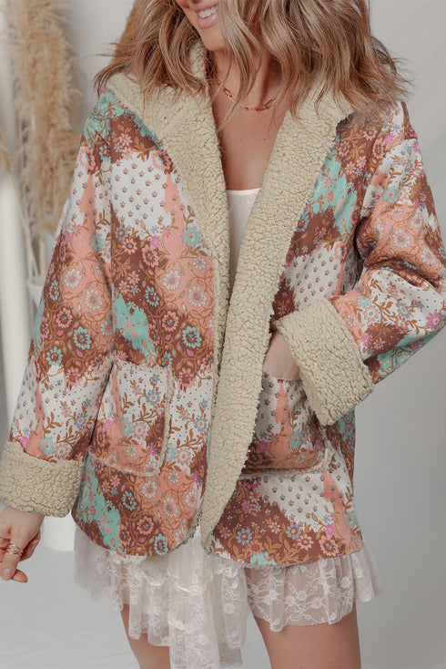 Vintage Floral Print Sherpa Lined Hooded Jacket
